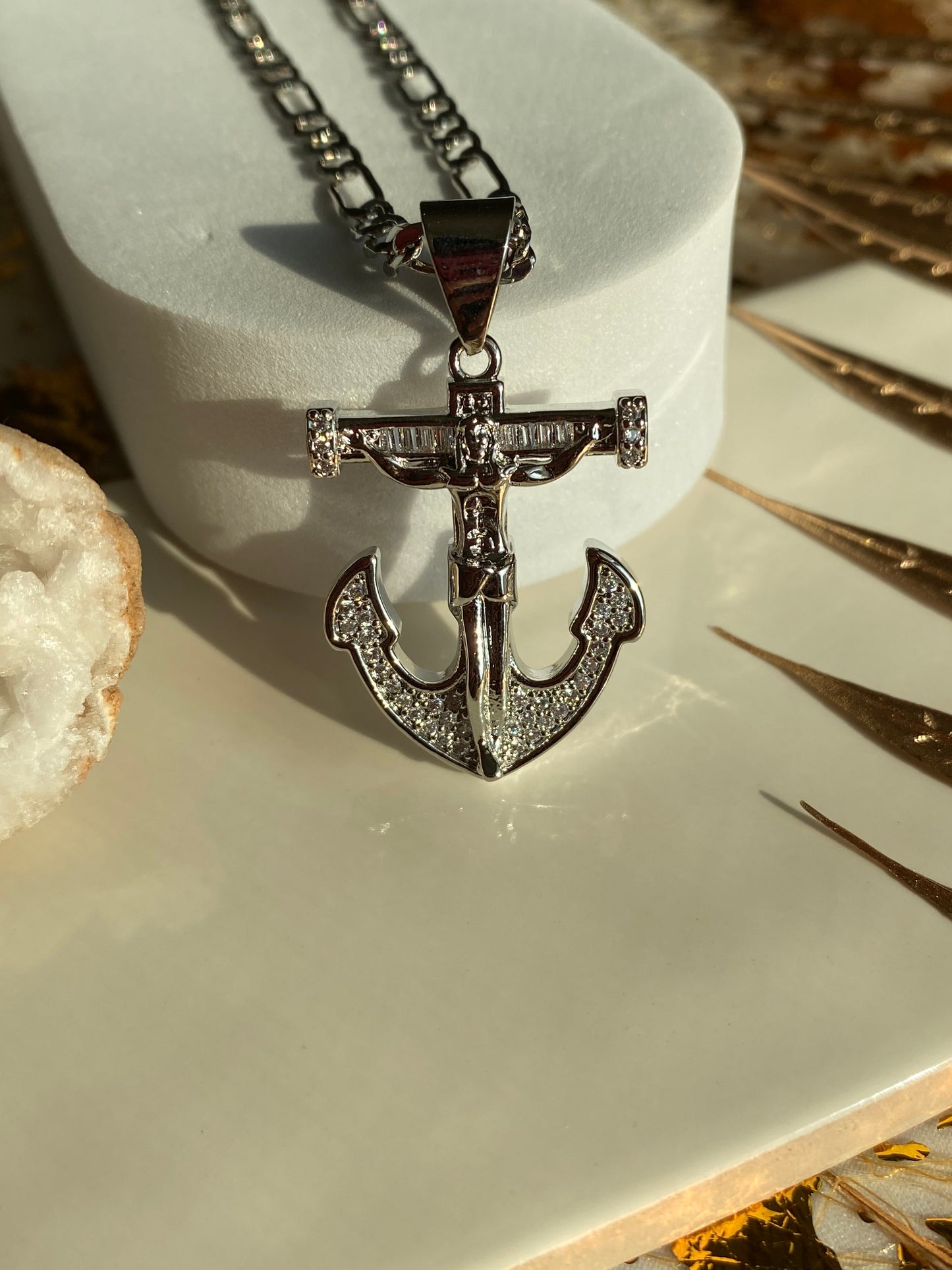 Silver cross anchor necklace