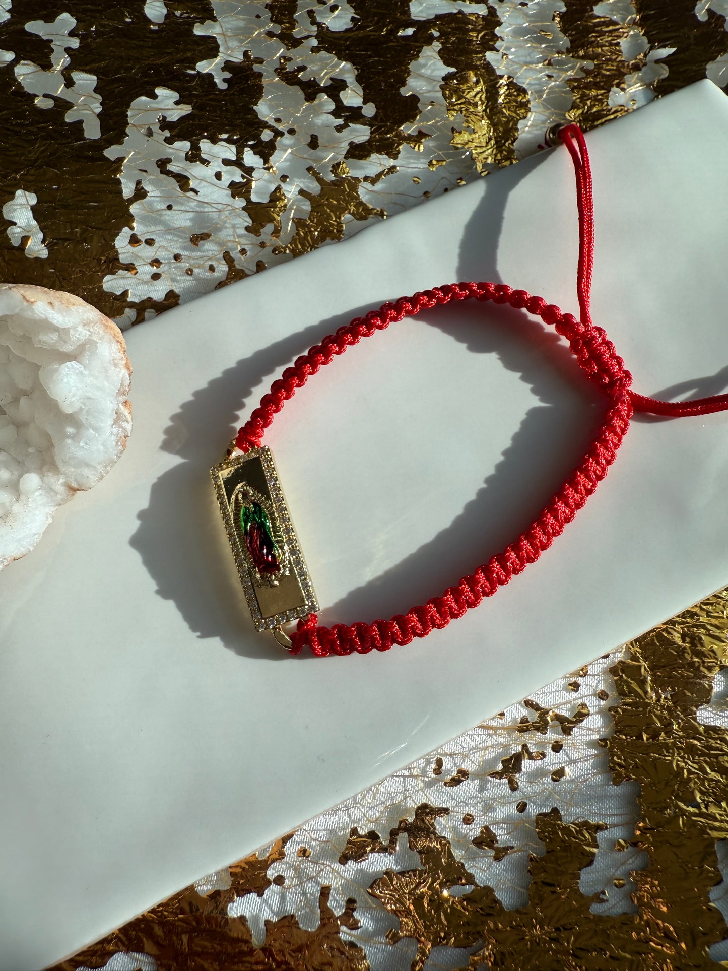 Red virgencita and green san judas bracelet