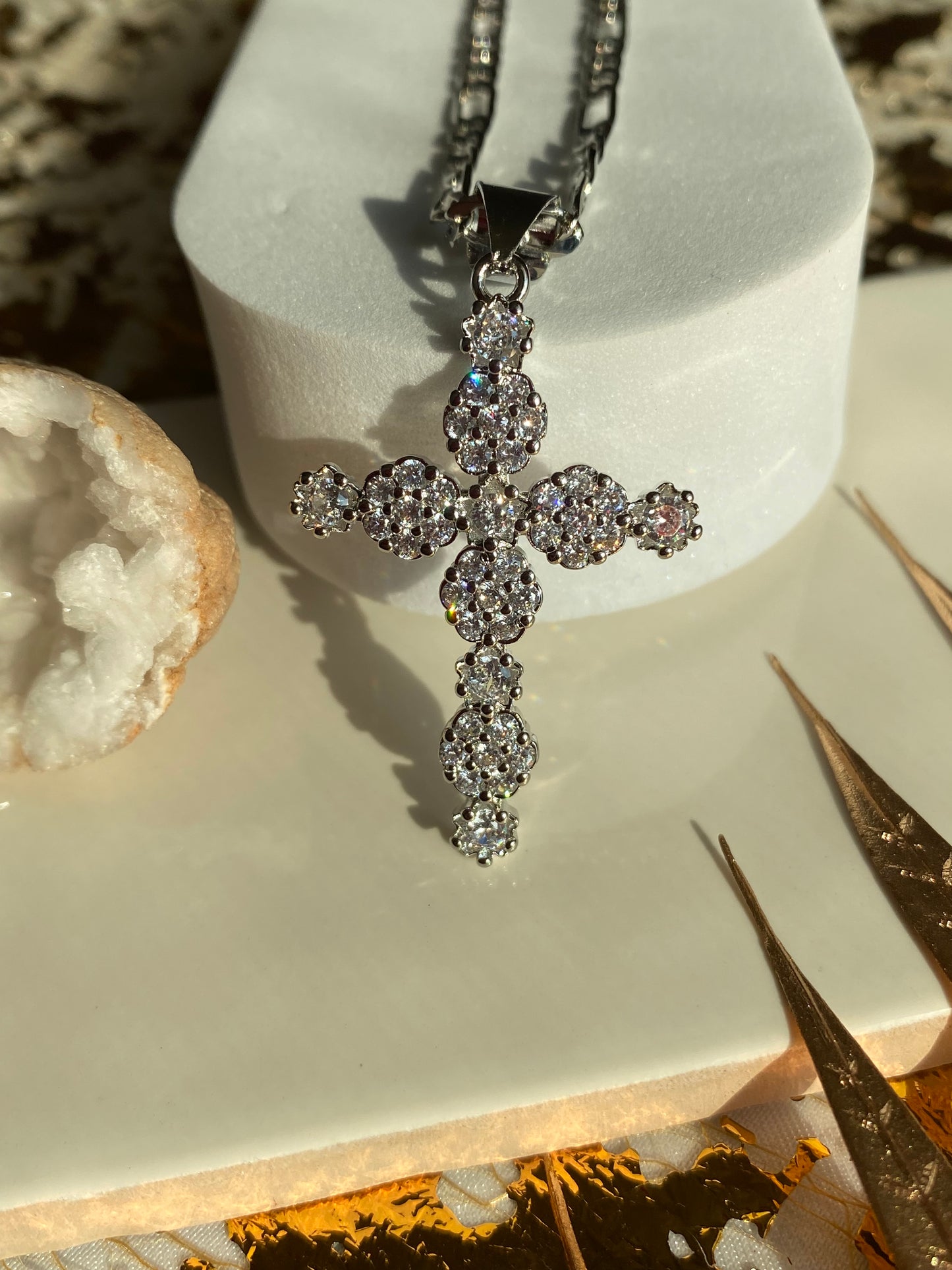 Silver flower cross necklace